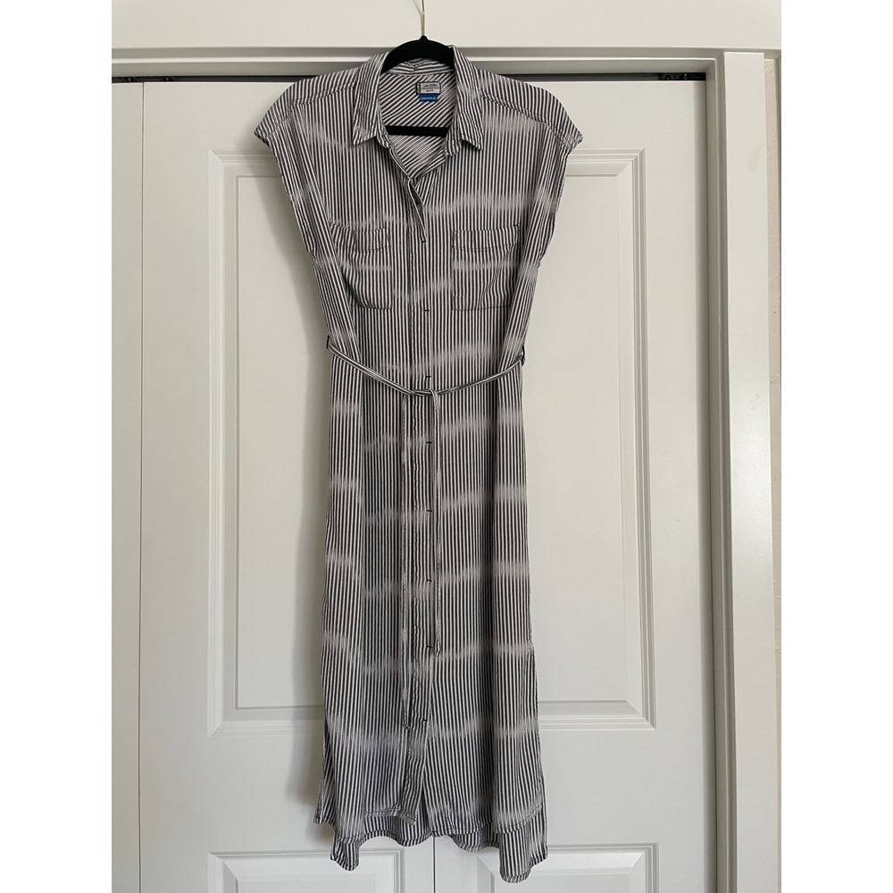 Kavu Shirt Dress Sleeveless Midi Button Down Striped Tie Waist Pockets Medium